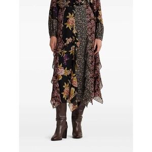 Lauren Ralph Lauren Ruffle Trim Georgette Midi Skirt 10 Black Patchwork NWT